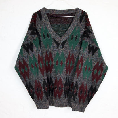 Vintage 80s 90s wool sweater knitted sweater wool pattern V-neck XL