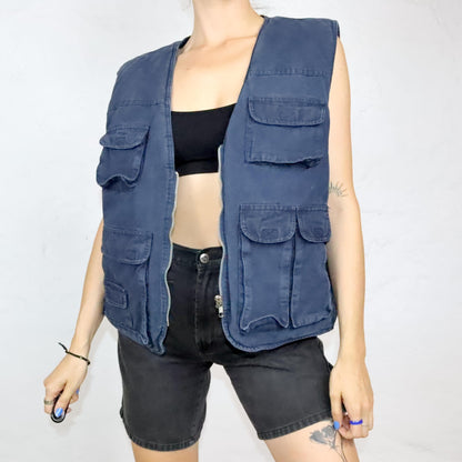 Vintage 80s 90s BRUGI cargo vest lined fake fur dark blue L