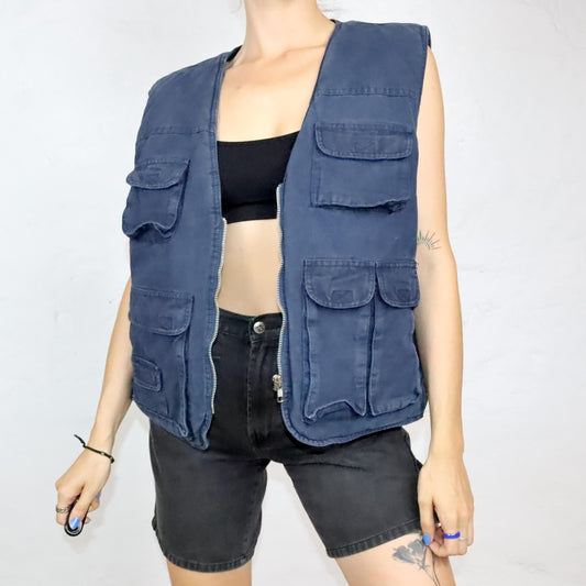 Vintage 80s 90s BRUGI cargo vest lined fake fur dark blue L