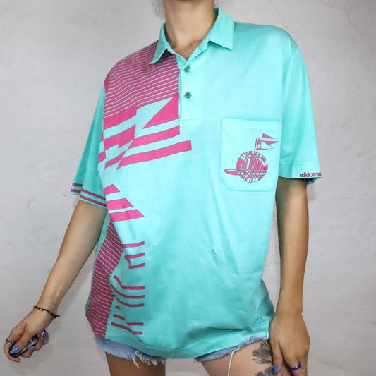Vintage 80s 90s ADIDAS Polo Shirt t-shirt turquoise pink crazy pattern short sleeve 52 L