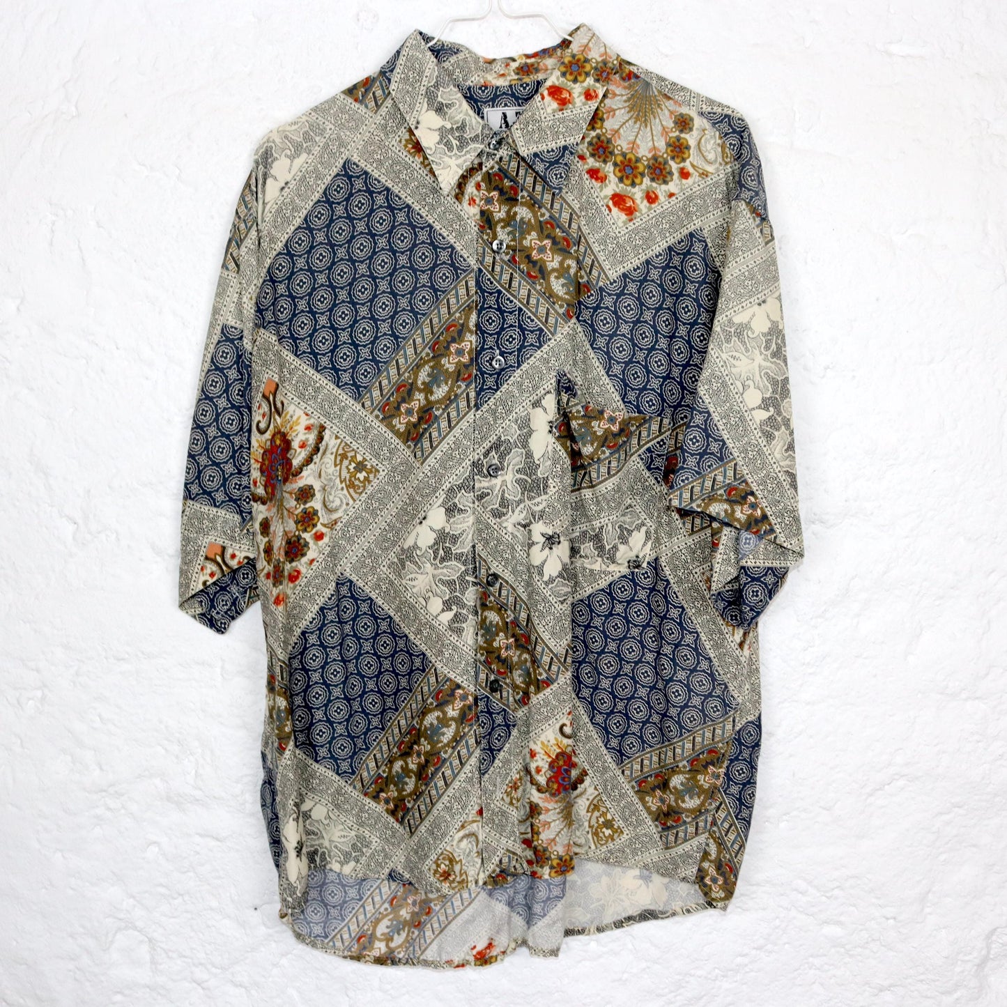 Vintage 80er 90er A+T COMPANY Hemd kurzarm crazy pattern Viskose Paisleymuster L