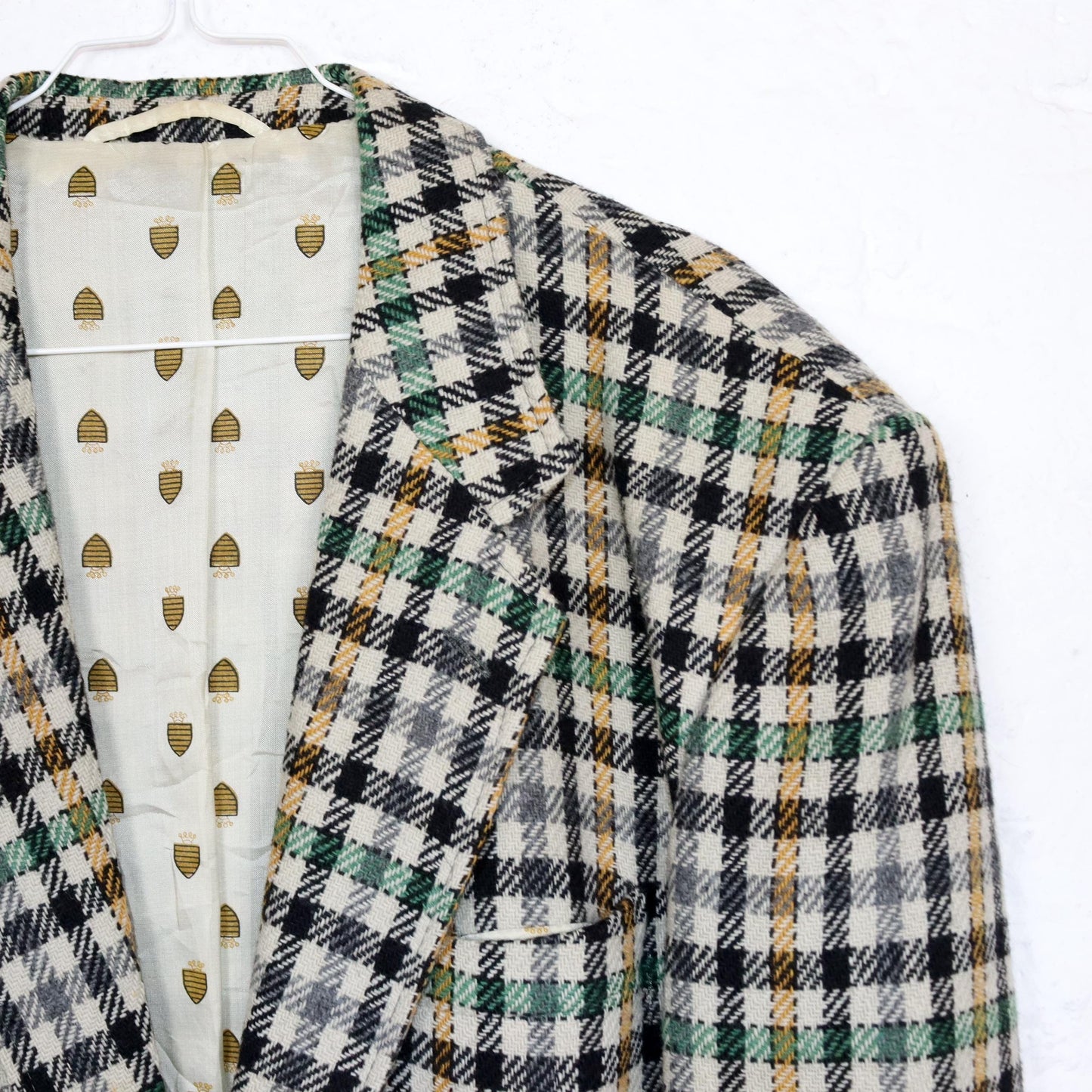 Vintage 80s 90s CITY TIME wool blazer checked wool shoulder pads beige green yellow 50 L