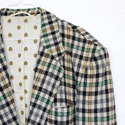 Vintage 80s 90s CITY TIME wool blazer checked wool shoulder pads beige green yellow 50 L