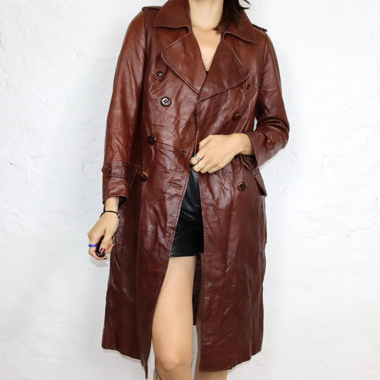 Vintage 80er 90er TIMAF Ledermantel Mantel weiches Leder Spitzkragen braun Doppelreihen Knöpfe M