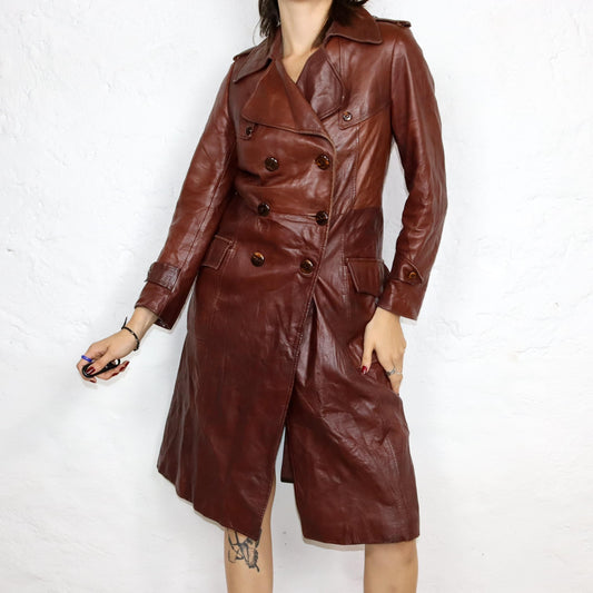 Vintage 80s 90s TIMAF leather coat soft leather pointed collar brown double row buttons M