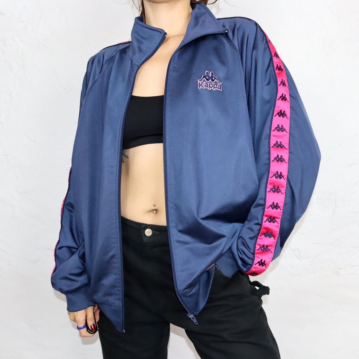 Vintage 80s 90s KAPPA tracksuit jacket stand-up collar dark blue pink XL