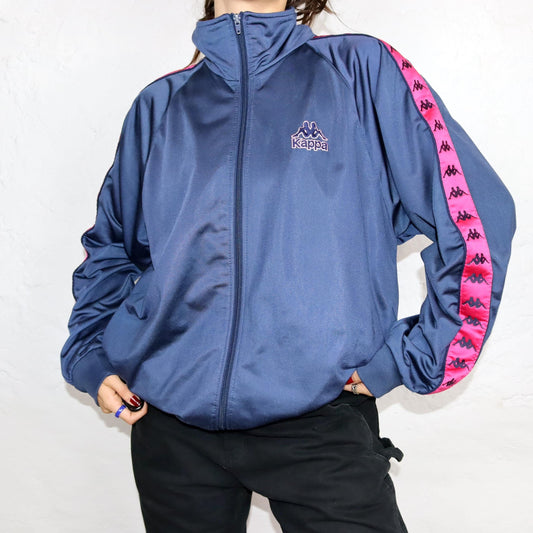 Vintage 80er 90er KAPPA Trainingsjacke Jacke Stehkragen dunkelblau pink XL