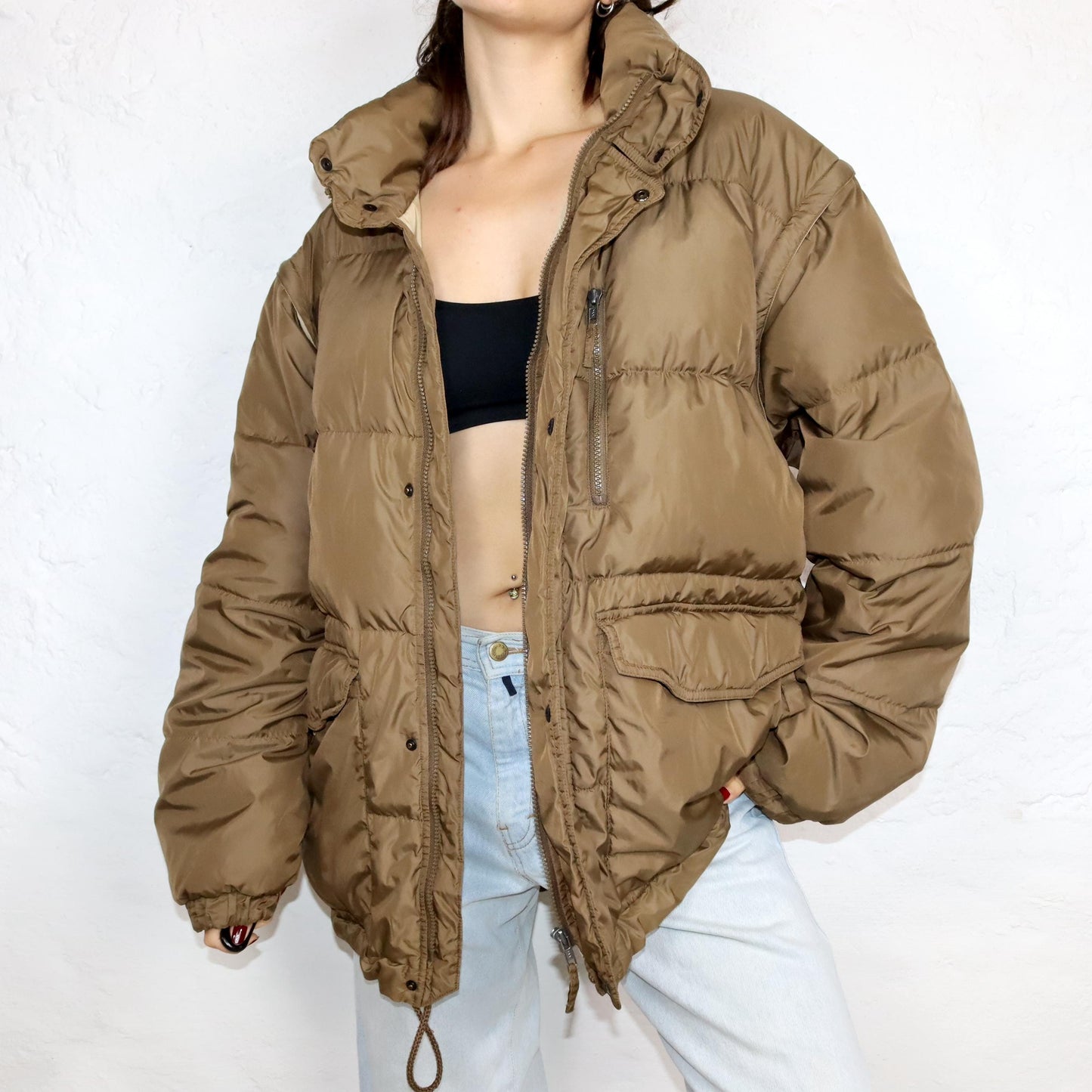 Vintage 80s 90s FILA down jacket vest detachable sleeves puffer jacket winter jacket light brown 56 XL