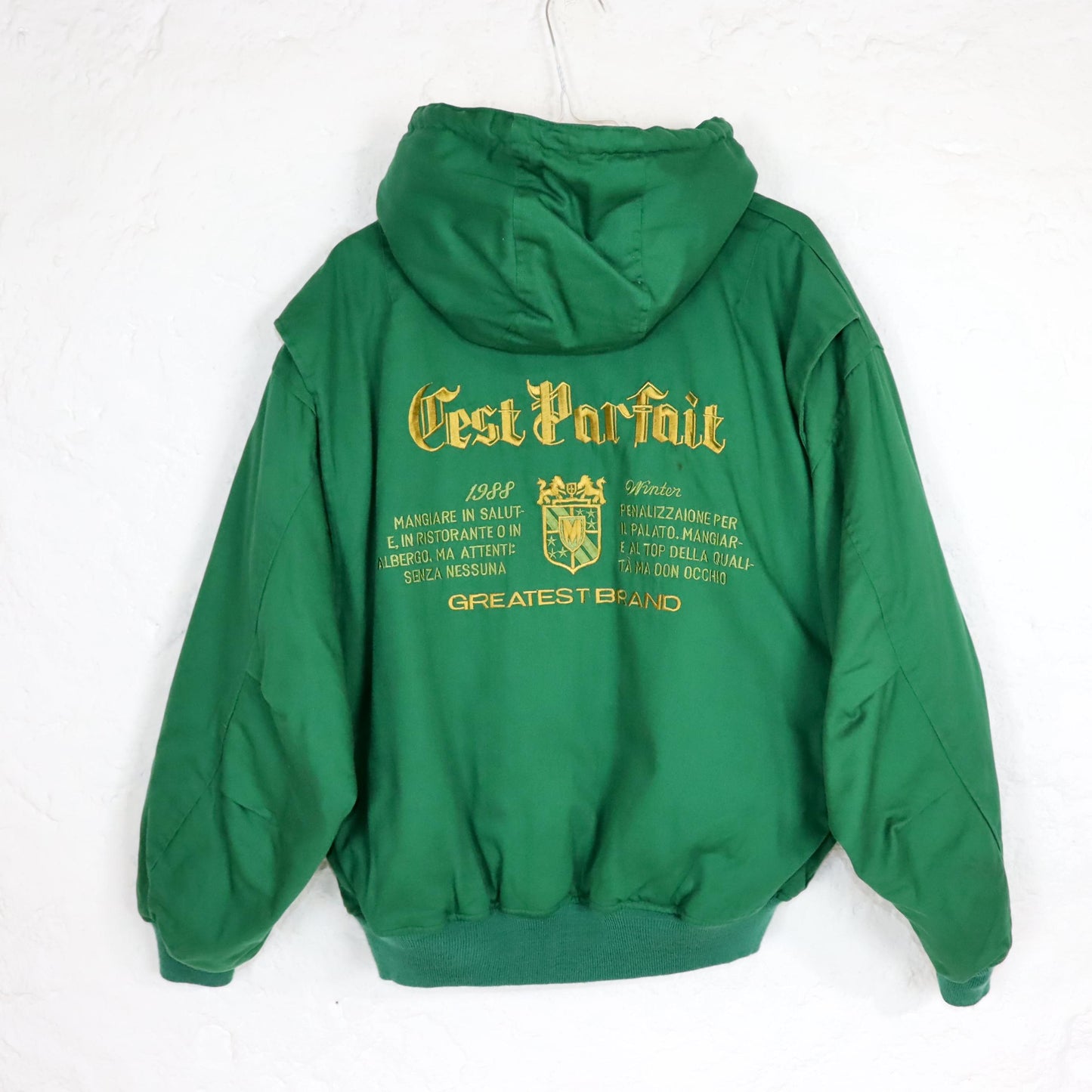 Vintage 80s 90s FULL BRIGHT bomber jacket lightly lined with hood embroidered green yellow M