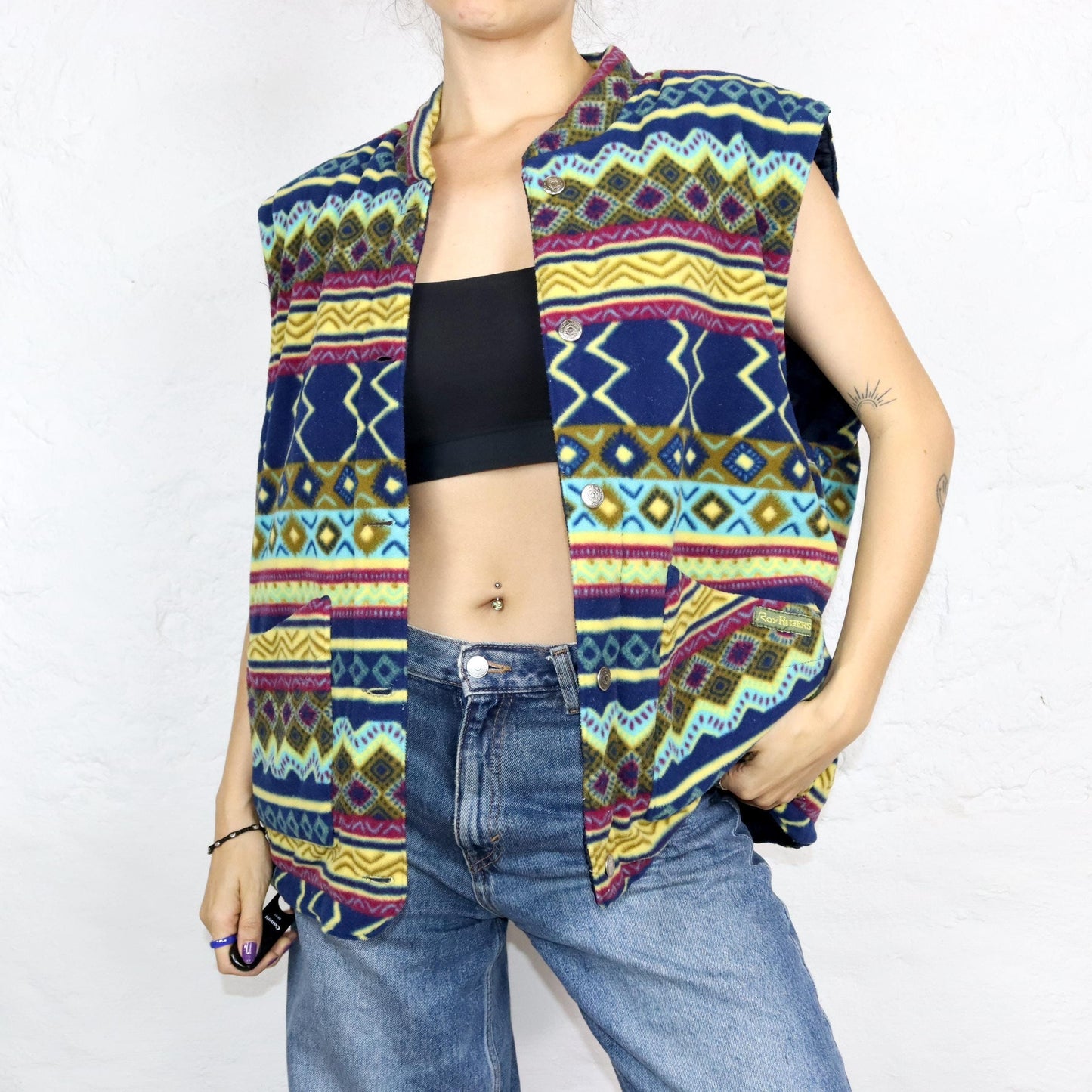 Vintage 80er 90er ROY ROGERS Wendeweste Weste Fleece leicht gefüttert crazy pattern bunt XL
