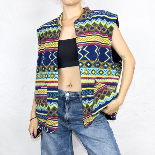 Vintage 80s 90s ROY ROGERS reversible vest fleece lightly lined crazy pattern colorful XL