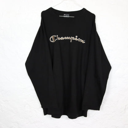 Vintage 80s 90s CHAMPION T-Shirt Longsleeve Black Embroidery Black Beige XXL