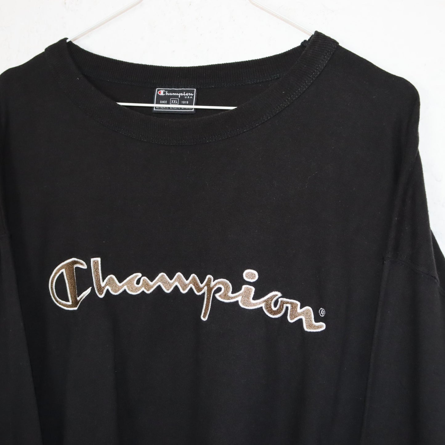 Vintage 80s 90s CHAMPION T-Shirt Longsleeve Black Embroidery Black Beige XXL