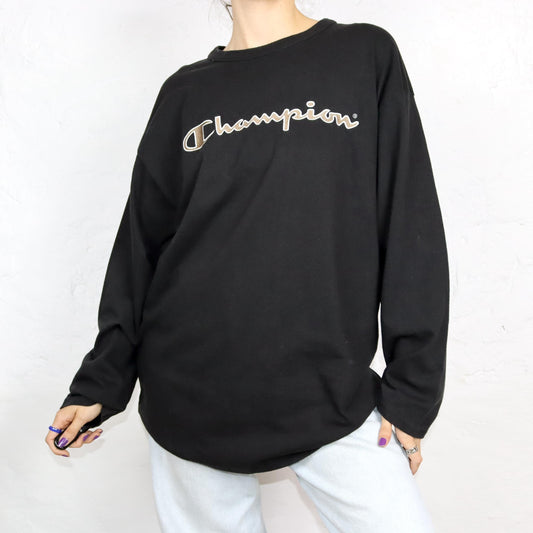 Vintage 80s 90s CHAMPION T-Shirt Longsleeve Black Embroidery Black Beige XXL