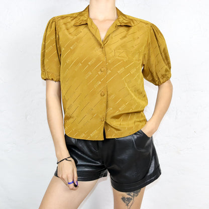 Vintage 80er 90er HUGO BOSS Bluse kurzarm Puffärmel senfgelb Seide gemustert S/M