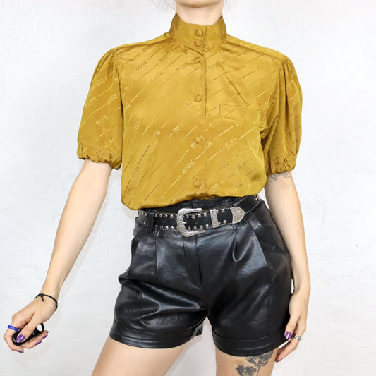 Vintage 80er 90er HUGO BOSS Bluse kurzarm Puffärmel senfgelb Seide gemustert S/M