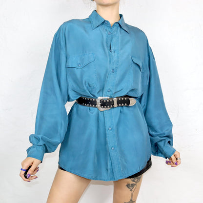 Vintage 80s 90s JAMES DILLON silk shirt long sleeve shirt silk blue L