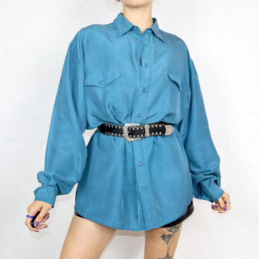 Vintage 80s 90s JAMES DILLON silk shirt long sleeve shirt silk blue L
