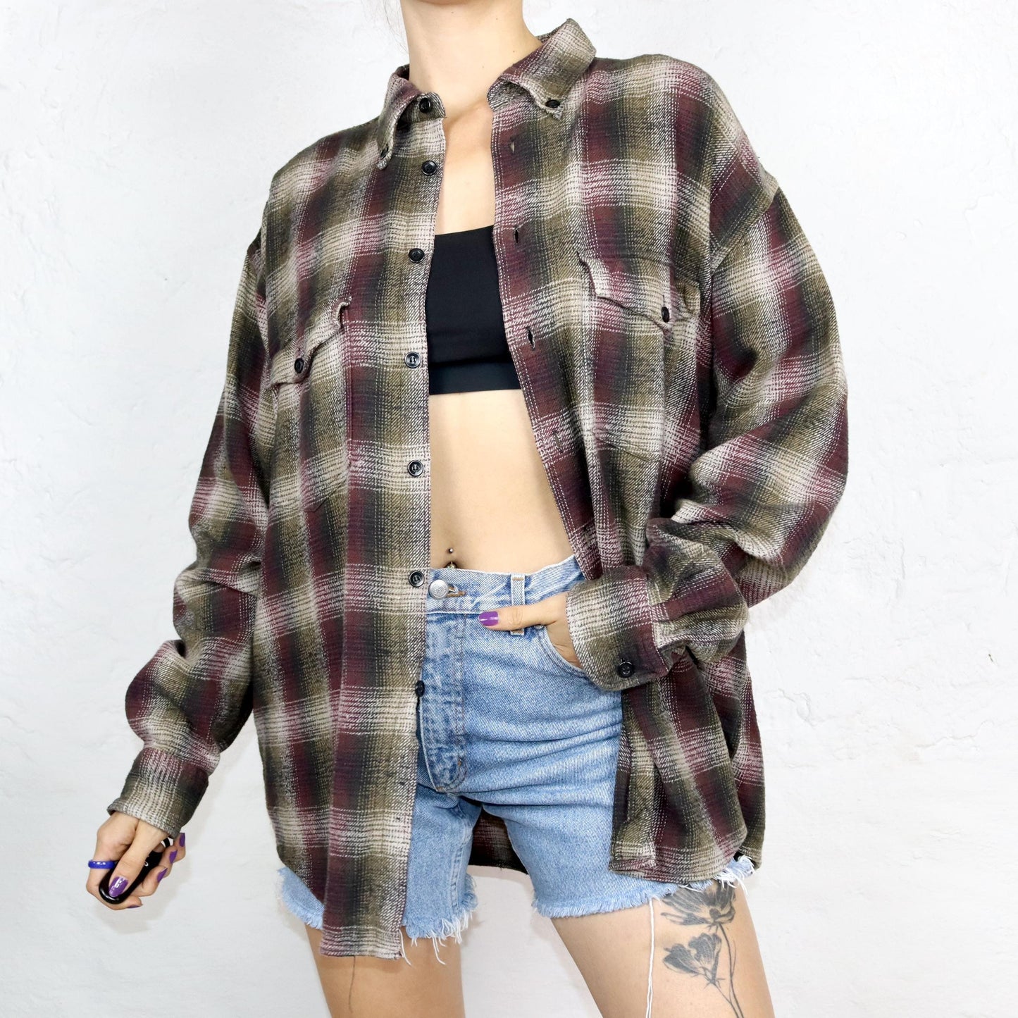 Vintage 80s 90s B flannel shirt long sleeve checked dark red khaki 43/44 S