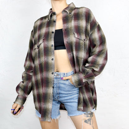 Vintage 80s 90s B flannel shirt long sleeve checked dark red khaki 43/44 S