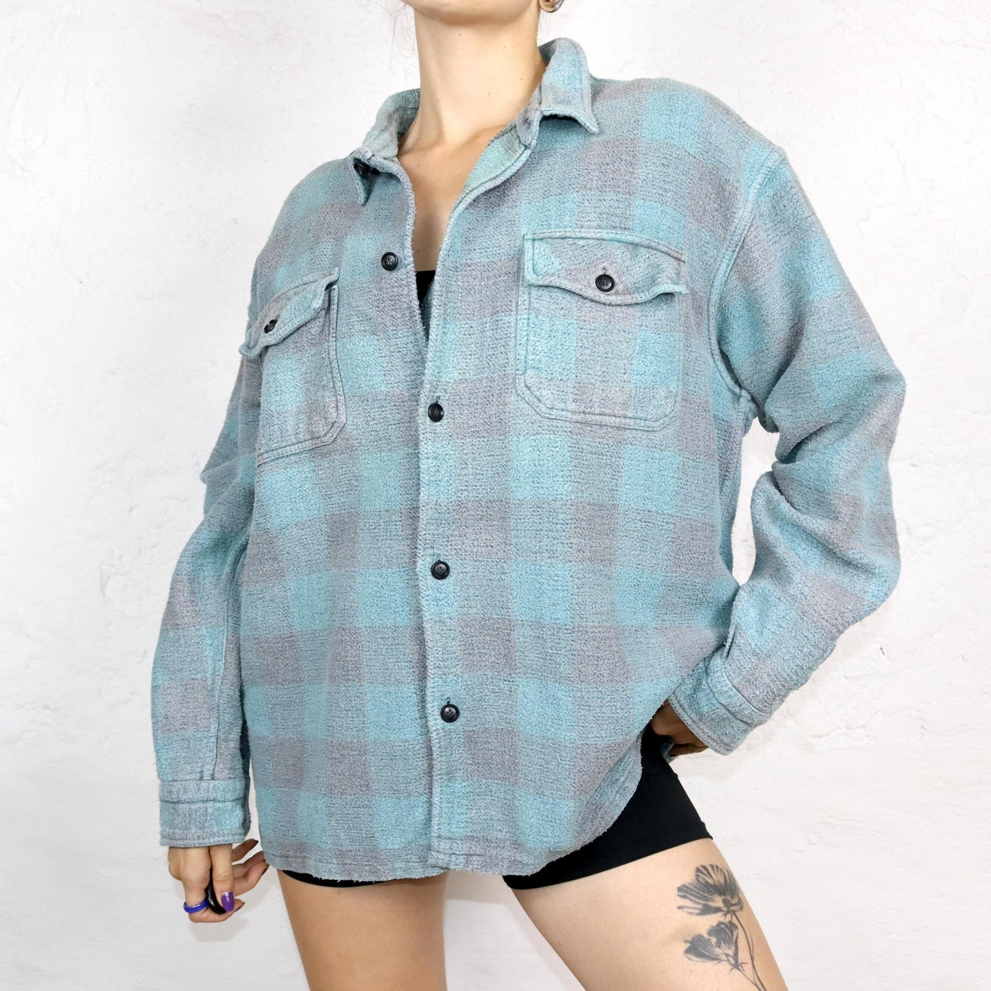 Vintage 80s 90s flannel shirt lanaram grey light blue XXL