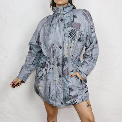 Vintage 80s 90s parka coat lightly lined crazy pattern shoulder pads stand-up collar fitted L