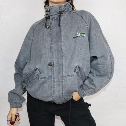 Vintage 80s 90s TOMAX denim jacket thin overcoat with hood grey denim M/L