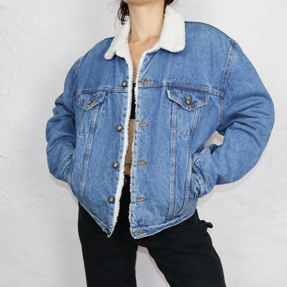 Vintage 80s 90s TOP IN denim jacket lined jacket teddy fur blue L