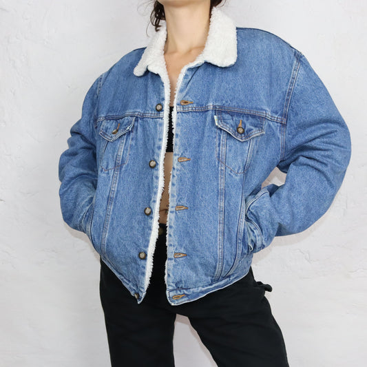 Vintage 80s 90s TOP IN denim jacket lined jacket teddy fur blue L