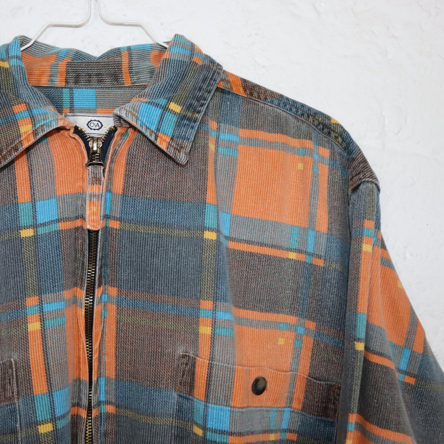 Vintage 80er 90er C&A Hemd langarm kariert Flanellhemd orange grau blau M