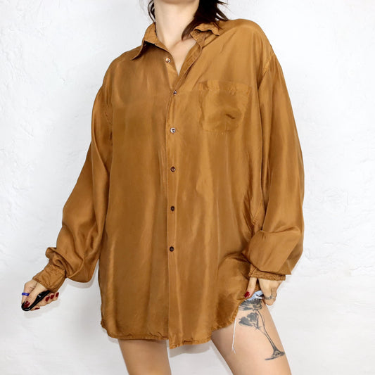 Vintage 80er 90er CHECKPOINT Seidenhemd langarm Seide rostfarbe bronze XL
