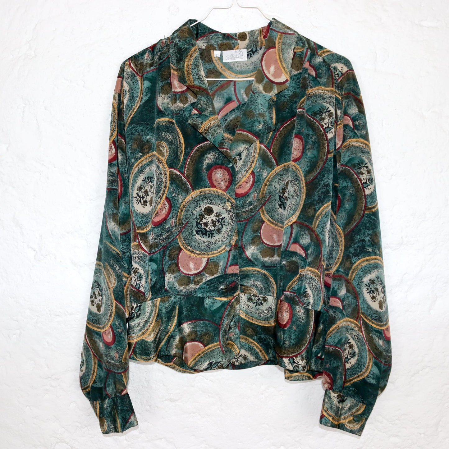Vintage 80s 90s LADY LUISA blouse long sleeve crazy pattern dark green L