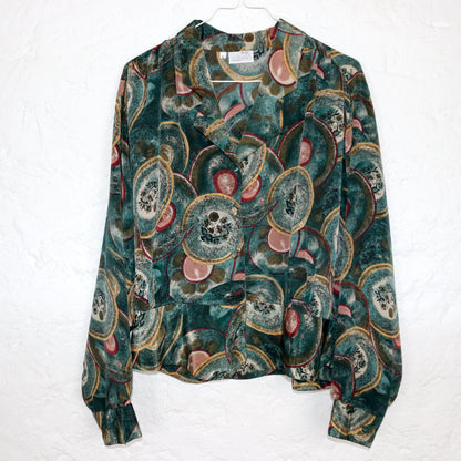 Vintage 80s 90s LADY LUISA blouse long sleeve crazy pattern dark green L