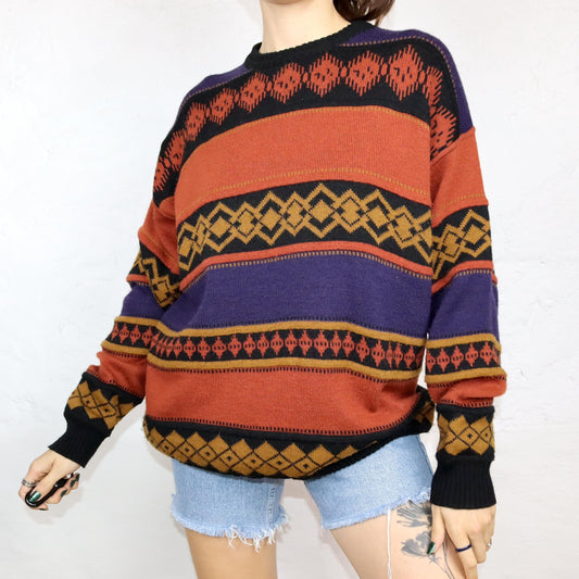 Vintage 80er 90er TOM TINO Wollpullover wolle Pullover gemustert orange lila schwarz 52 L