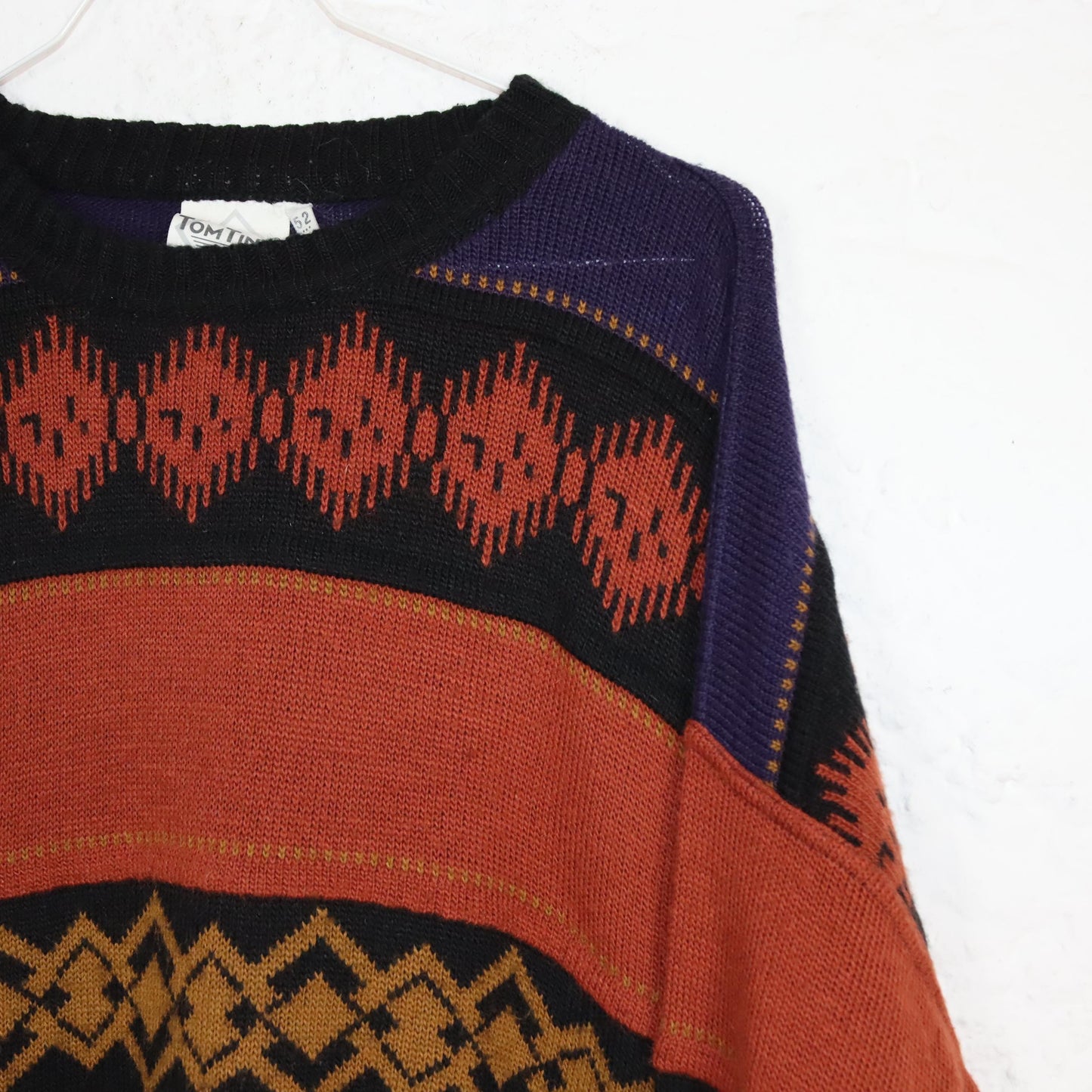 Vintage 80er 90er TOM TINO Wollpullover wolle Pullover gemustert orange lila schwarz 52 L
