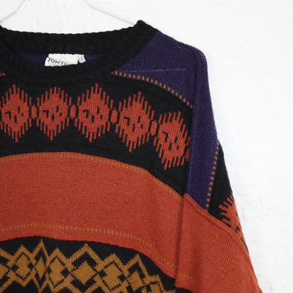 Vintage 80er 90er TOM TINO Wollpullover wolle Pullover gemustert orange lila schwarz 52 L