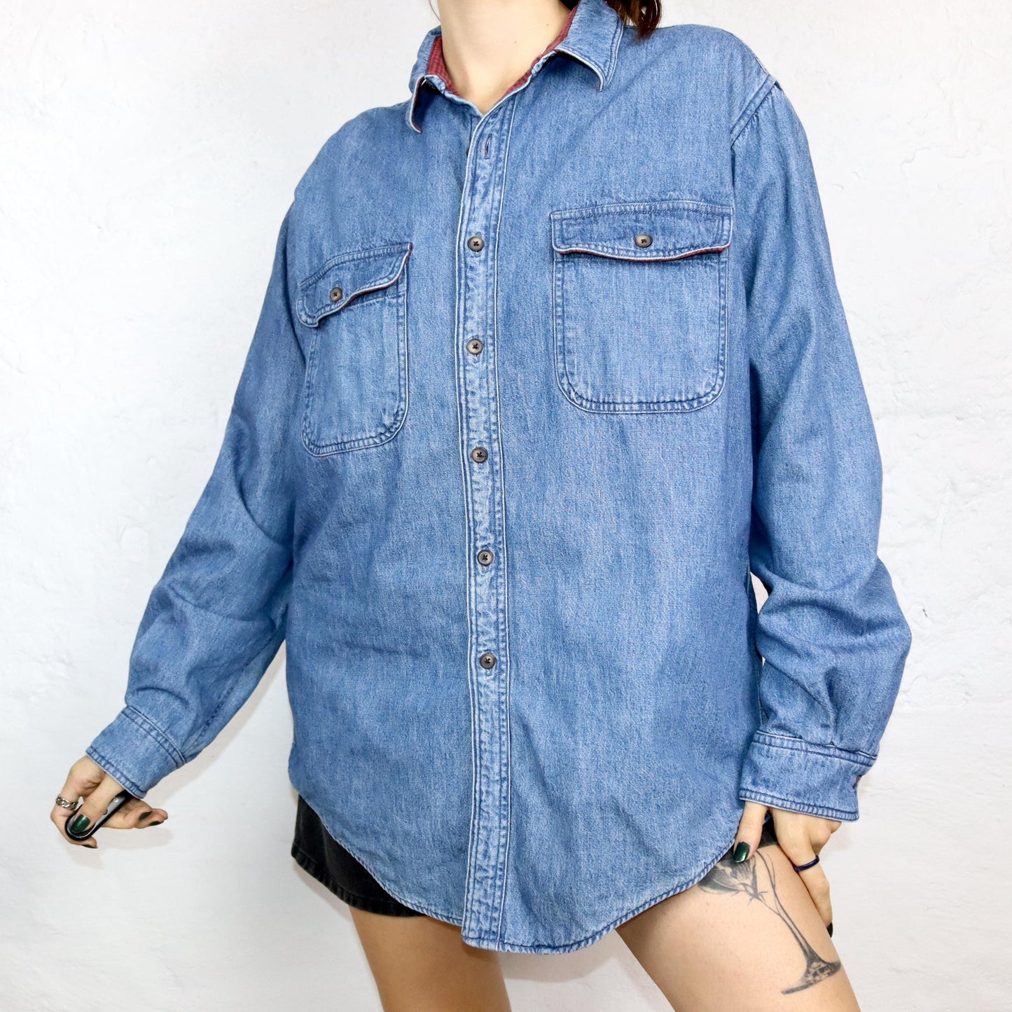 Vintage 80s 90s LLBEAN denim shirt thick shirt double layered inside flannel L