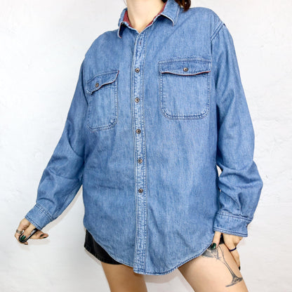 Vintage 80s 90s LLBEAN denim shirt thick shirt double layered inside flannel L