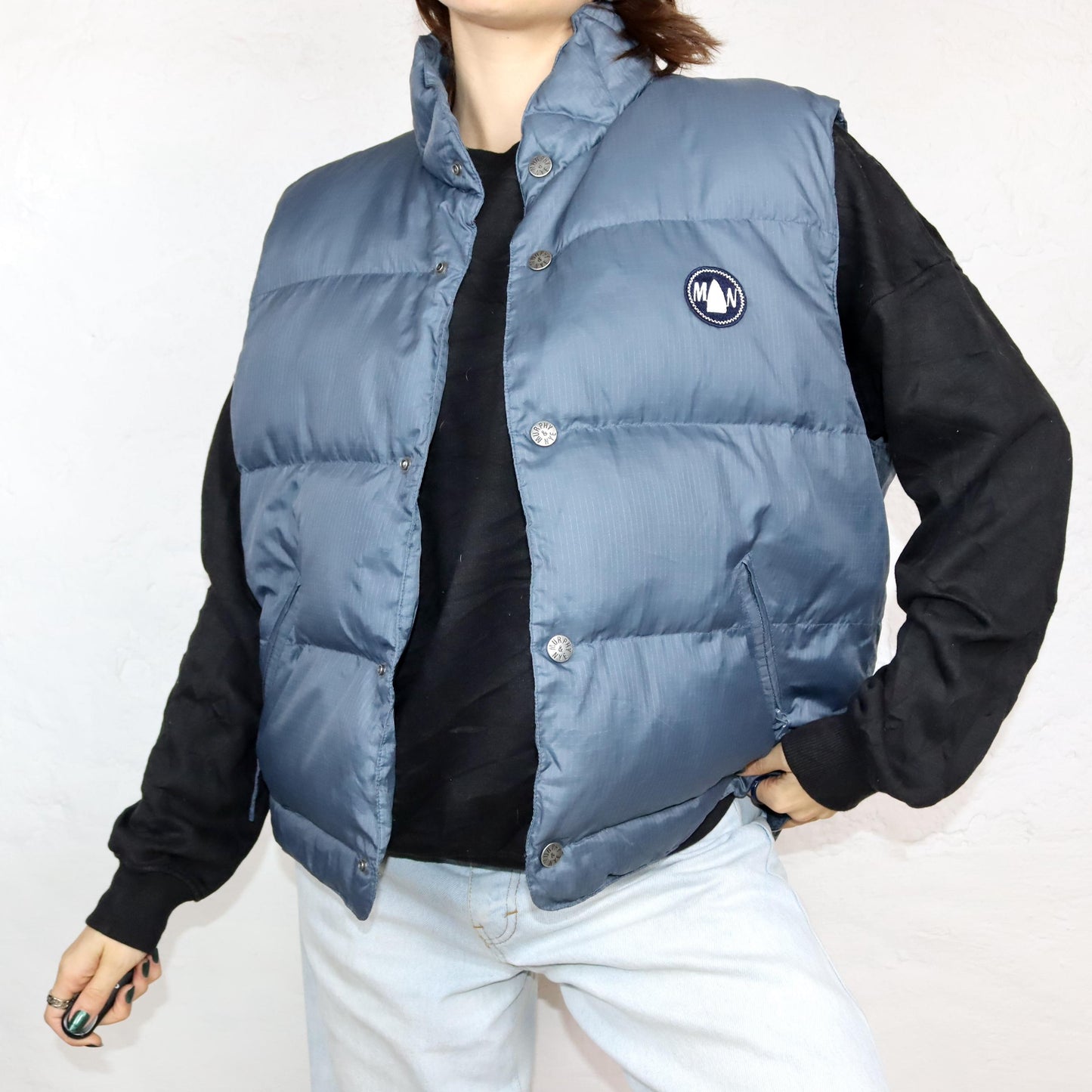 Vintage 80s 90s MURPHY&amp;NYE puffer vest lined winter grey stand-up collar L