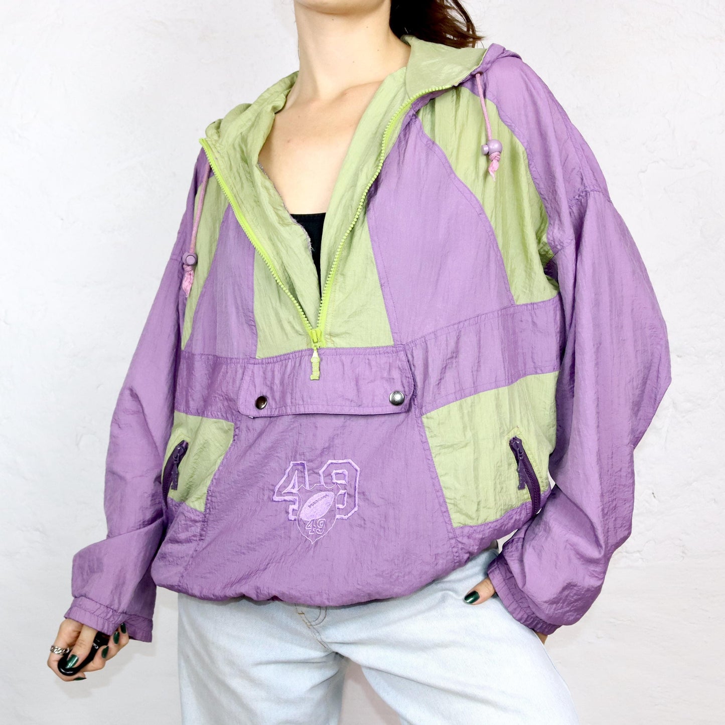 Vintage 80s 90s RODEO overcoat thin tracksuit jacket shiny purple green L 52/54