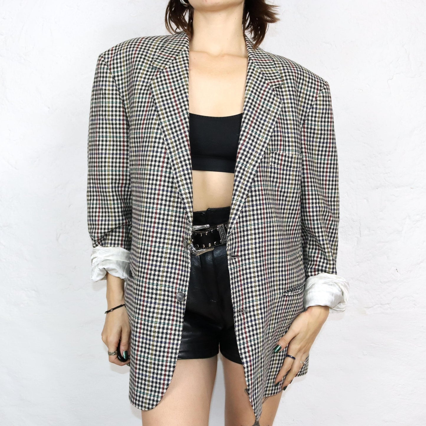 Vintage 80er 90er POKER Blazer Schulterpolster kariert bunt schwarz weiß Chashmere 54 XL