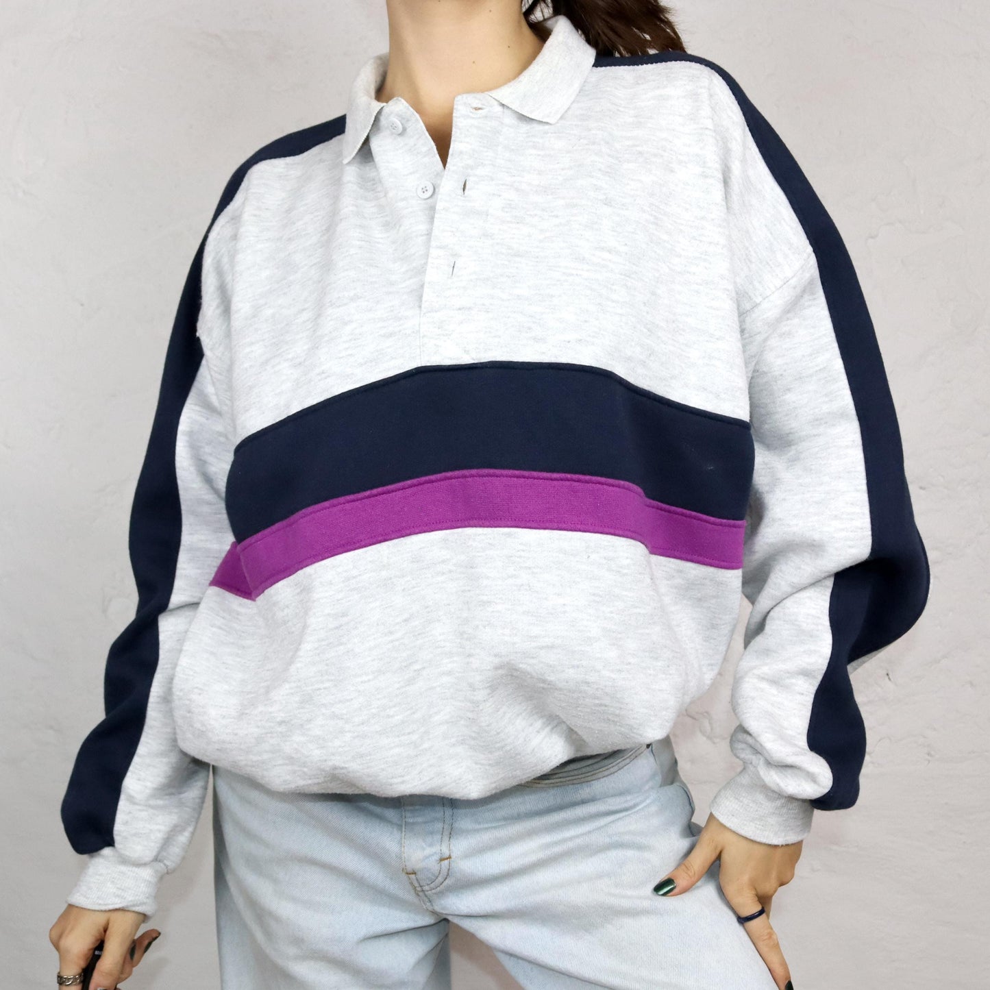 Vintage 80er 90er ACTIVE WEAR Sweatshirt Pullover Polokragen grau pink dunkelblau XL