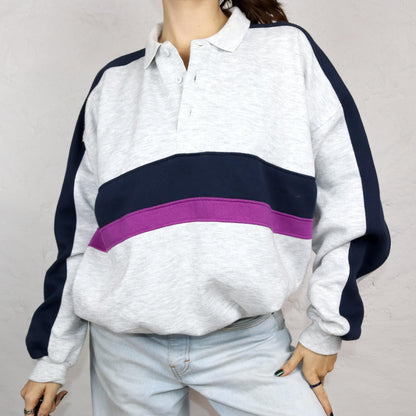 Vintage 80er 90er ACTIVE WEAR Sweatshirt Pullover Polokragen grau pink dunkelblau XL