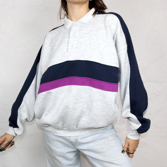 Vintage 80er 90er ACTIVE WEAR Sweatshirt Pullover Polokragen grau pink dunkelblau XL