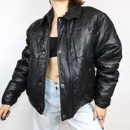Vintage 80s 90s AMI leather jacket puffer jacket leather lined black L