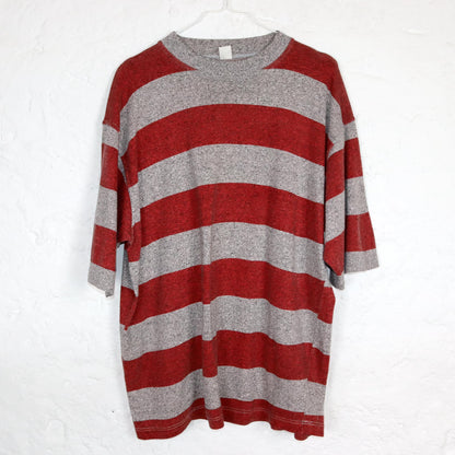 Vintage 80s 90s basic T-shirt short sleeve striped grey red mottled XL