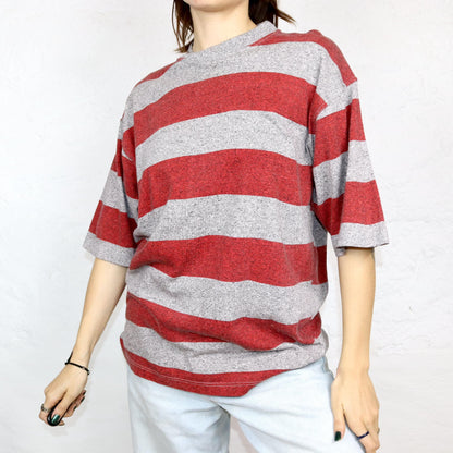 Vintage 80s 90s basic T-shirt short sleeve striped grey red mottled XL