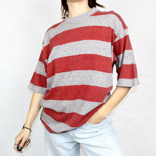Vintage 80s 90s basic T-shirt short sleeve striped grey red mottled XL