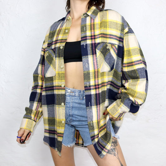 Vintage 80er 90er WAMPUM Flanellhemd Hemd langarm kariert gelb blau XL
