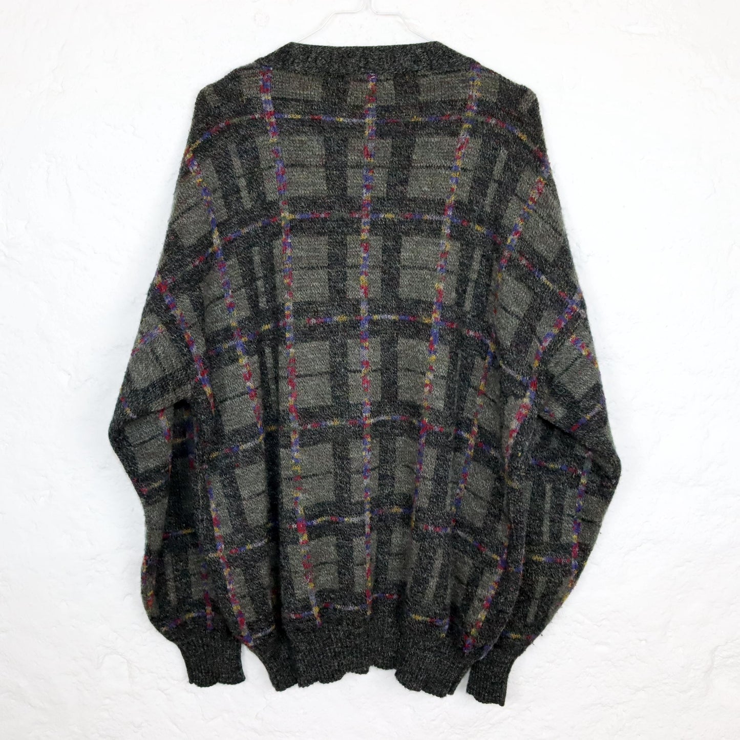 Vintage 80s 90s Cardigan Button-Up Checked Wool Cardigan Size 54 XL